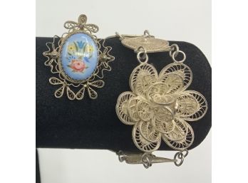 Silver Floral Vintage Linked Bracelet & Victorian Brooch/Pendant