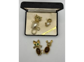 Vintage Whimsical Mother Daughter Cats And Cat & Mouse Brooches