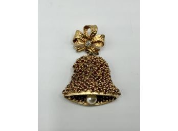 Vintage De Nicola Bell Rhinestone Studded Brooch  With Faux Pearl