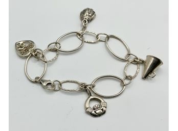 Beautiful Open Link Sterling Girls Charm Bracelet ~ W/4 Charms ~ Sweet 16, Irish Claddagh, Megaphone & Glove