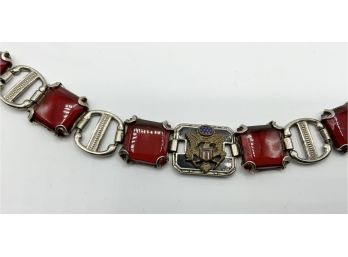 Antique Linked Bracelet With Military Insignia & 6 Red/pink Stones With Open Backs
