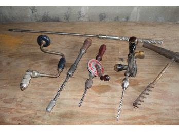 Great Collection Of Five Old Hand Drills And One Large Mason Bit - Great Patina