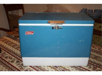 Rare Vintage Blue Metal Coleman Ice Chest/Cooler With Openers On Both Handles & Front Lid Lock