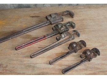 Collection Of Five Antique Pipe Wrenches - Genuine Stillson Tool Co., Ridge Tool Co. #14 U.S.A. Etc.
