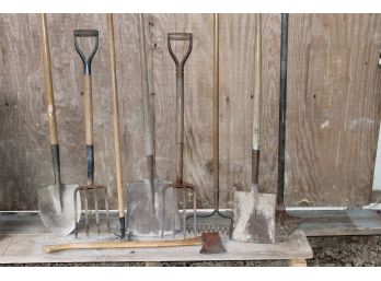 Great Collection Of Nine Garden Tools Including Shovels, Racks And Implements Of Destruction