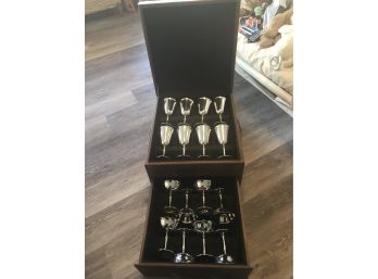 Vintage Del Berti Silverplate Goblets And Flutes In Wood  Box - 16 Total - Made In Italy