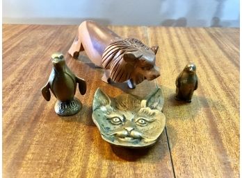 Two Brass Penguins, Metal Cat & Carved Lion