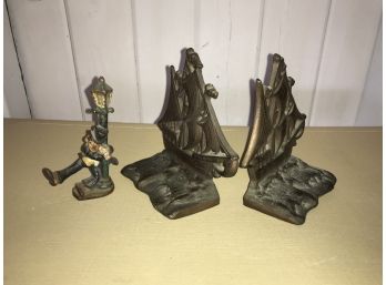 Cast Iron Sailboat Bookends & Small Cast Iron Antique Drunk With Pole Figurine