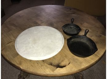 Marble Lazy Susan & Two Cast Iron Frying Pans