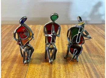 Musical Trio Of Stained Glass And Metal Figurines ~ Musicians ~