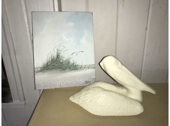 Signed Beach Theme Painting & Ceramic Pelican