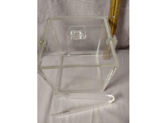 Vintage Lucite Acrylic Square Ice Bucket With Tongs