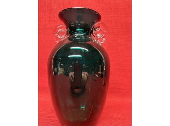 Hand Blown Green Art Glass Vase With Clear Applied Handles 7 1/2' Tall
