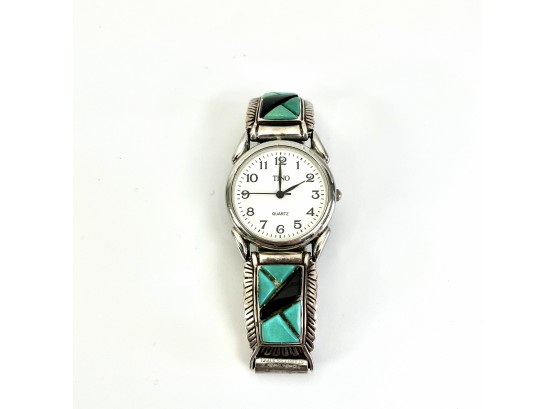 A Turquoise And Onyx Sterling Silver Shoulder - Quartz Watch By Tino