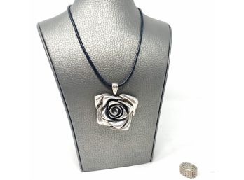 A Nickel Silver Flower Pendant And A Mesh Ring - Sz 5.5