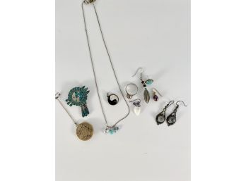 An Assorted Array Of Small Jewelry Items, Turquoise Pin, Sterling And More.