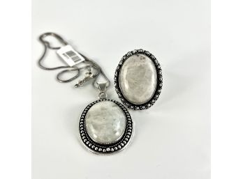 Rainbow Moonstone Pendant And Ring Set In German Silver - Ring Size 6