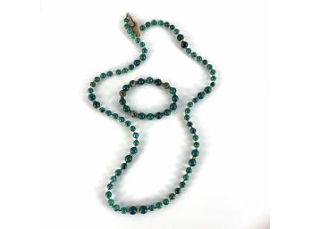 Chrysocolla Bead Necklace With 18k Yellow Gold Interspersed And A Matching Bracelet
