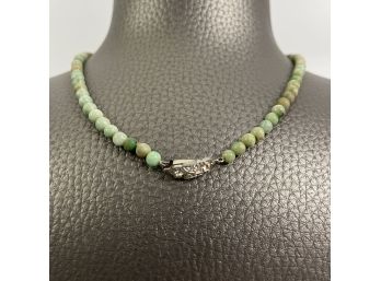 A 16 Inch  Jade Bead Necklace - Faux Diamond Clasp