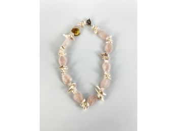 A Rose Quartz And Freshwater Pearl 8' Choker With Sterling Toggle Clasp