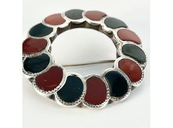 A Red And Green Stone Brooch In Silver - Handcrafted