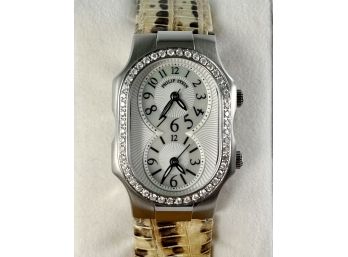 Philip Stein Diamond Case Dual Time Zone Watch - Snake Band - .72ctw