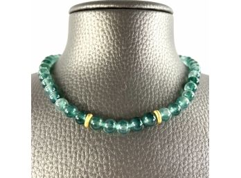 Green Agate Beaded Necklace With Electroplate 14k Gold Accents - 15'