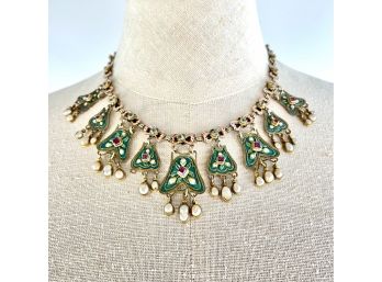 An Antique Russian Sterling Cloissone Necklace - With Square Cut Tourmalines And Mabe Pearls