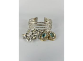 Cuff Bracelet, Sparkling Leaf Brooch And Clip Oval Jewel Earrings