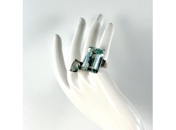 A Pair Of  Dramatic Oversized Aquamarine Rings On Sterling Settings - Sz 6 And Sz 10