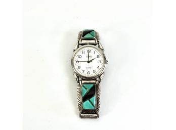A Turquoise And Onyx Sterling Silver Shoulder - Quartz Watch By Tino