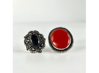A Pair Of German Silver And Stone Rings - Sz 9 - Red Coral And Blue Sunstone