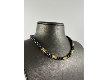 Polished Onyx Beaded Necklace With  Organic Form Electroplated 14k Gold Beads - 17'