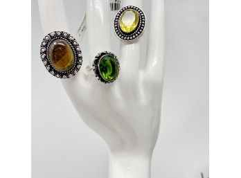3 German Silver Semi-precious Stone Rings - Tiger Eye, Lemon Quartz And Peridot