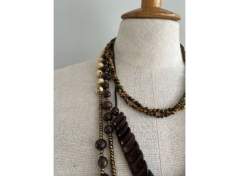 3 Necklaces Tigers Eye, Wood, Beads And Brass