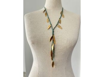 Organic Gold Tone Leaves On Soft Leather Cord