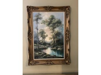 Large Decorative Landscape & Stream Oil On Canvas Signed Tedeschi
