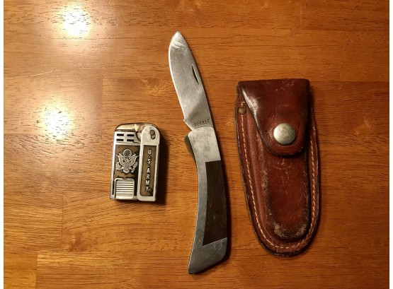 Army Lighter; Gerber Knife W/ Leather Belt Sheath