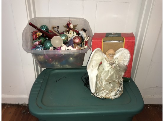 Lighted Christmas Angel & Large Box Of Christmas Ornaments