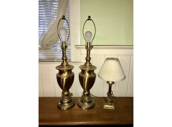Pair Metal Lamps & Metal Stick Lamp W/ Shade
