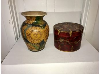 Large Vase With Sunflowers & Wooden Round Covered Box