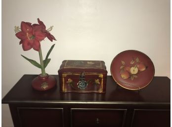 3 Pc. Decorative Lot ~ Wooden Box, Flower & Plate ~