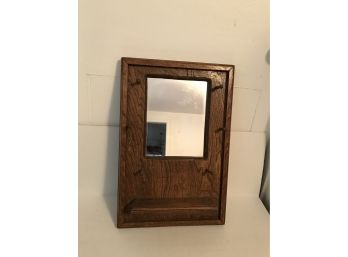 Vintage Framed Oak Mirror W/6 Pegs And Shelf