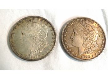 Two 1878 S Morgan Liberty Silver Dollars 1st Year Issue