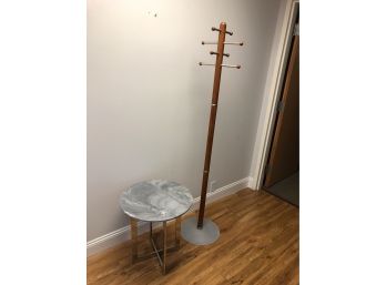 Small Round Marble Top Side Table  & Modern Wood And Metal Coat Rack