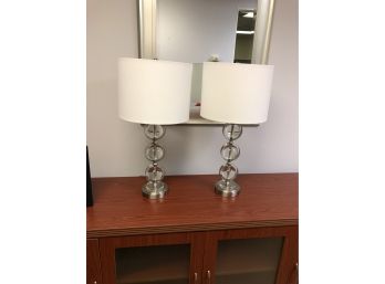 Pair Glass & Stainless Lamps W/ White Shades 26' High
