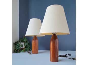 Pair 60s Mid Century Solid Teak Table Lamps