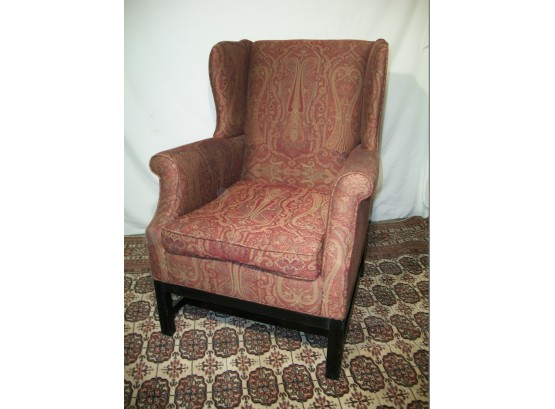 Handsome Wing Chair In Burgundy Wool Paisley Print