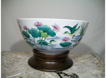 Asian Porcelain Bowl With Lotus Flowers And Birds With Wooden Base