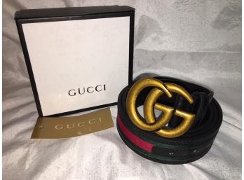 Classic Gucci STYLE Belt - Green/Red Stripe With Burnished Brass 'GG' Buckle